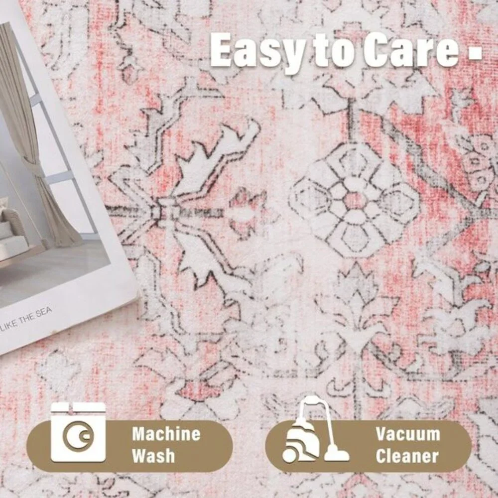 New 6x4 Vintage Pink Area Rug, Washable Non-Slip, Low Pile Carpet for Home